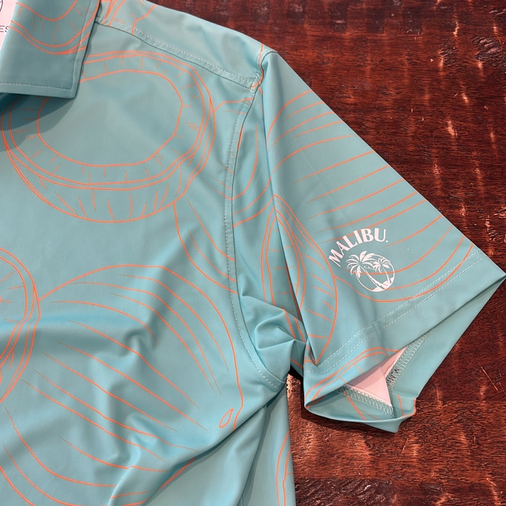 Five Birdies Men's Aqua Polo Shirt with Orange Coconut Accents - Picture 4 of 5